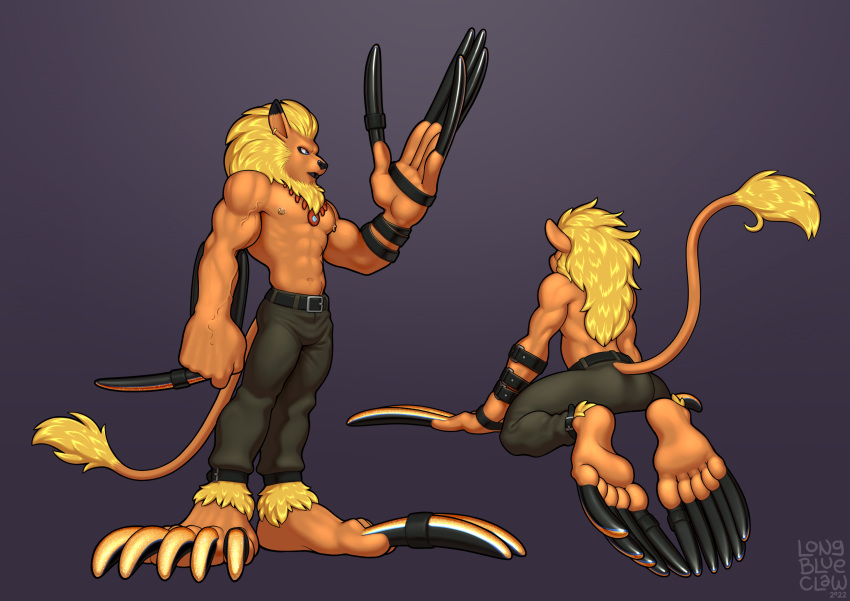 2022 absurd_res anthro bandai_namco big_hands claws clothed clothing digimon digimon_(species) digital_media_(artwork) feet full-length_portrait fur hair hi_res humanoid_feet leomon long_claws longblueclaw male muscular muscular_male piercing plantigrade portrait simple_background solo topless vein