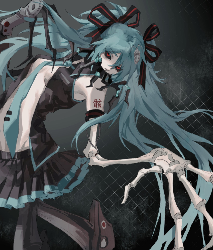 1girl abstract_background aqua_hair aqua_necktie black_sclera bug calne_ca cockroach colored_sclera crustacean hatsune_miku highres horror_(theme) insect_on_head isopod jiao_chang mandibles necktie red_eyes skeletal_arm vocaloid