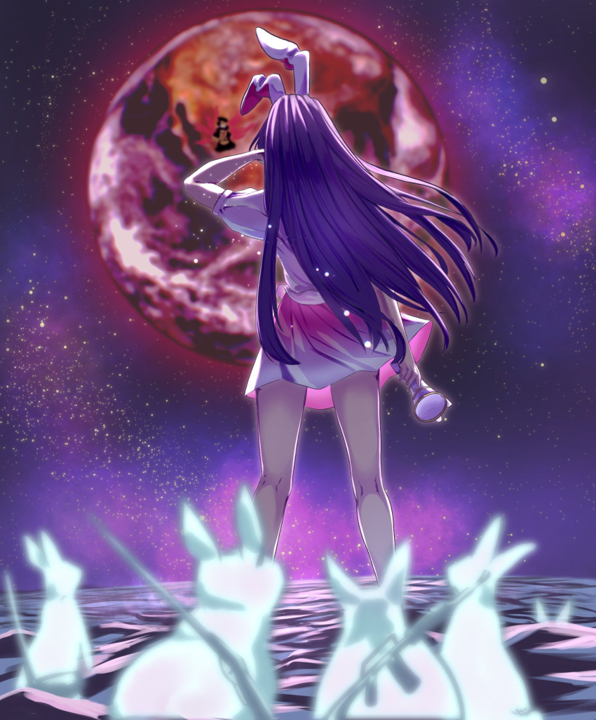 1girl animal_ears commentary_request earth_(planet) from_behind full_body highres inaba_mob_(touhou) kulukulu3333 long_hair lunatic_gun outdoors pink_skirt planet purple_hair rabbit rabbit_ears rabbit_girl reisen_udongein_inaba shirt short_sleeves skirt space standing touhou white_shirt