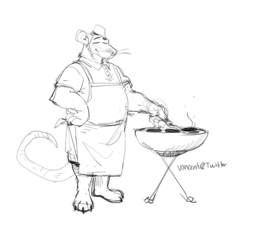 2023 anthro apron biped bottomwear clothing cooking eyes_closed hi_res male mammal murid murine rat rodent shirt shorts slightly_chubby solo topwear vonzent