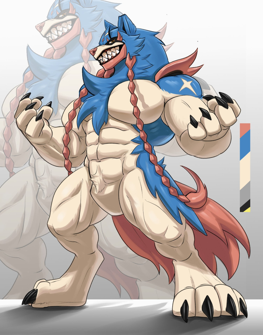 abs amber_eyes anthro biceps big_biceps biped blue_body blue_fur body_hair body_tuft braided braided_hair canid canine canis chest_hair chest_tuft claws facial_tuft fangs featureless_crotch fur furry_tail generation_8_pokemon hair head_tuft hi_res legendary_pokemon light_body light_fur looking_at_viewer male mammal multicolored_body multicolored_fur muscular muscular_anthro muscular_legs muscular_male muscular_thighs mythological_canine nintendo notched_ear orange_eyes palette pecs pink_body pink_fur pink_nose pokemon pokemon_(species) pubes serratus sharp_claws sharp_teeth solo spikes tail teeth tuft valentinesartx vein white_body white_fur wolf zacian