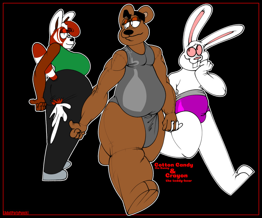 absurd_res adultpartypunch anthro balls bear big_balls big_penis black_border bodily_fluids border brown_bear cheat clothing cotton_candy_(smolbunnyxoxo) crayon_the_bear cuckold cum female gay_to_straight genital_fluids genitals girly glistening glistening_clothing grizzly_bear group hi_res huge_balls huge_penis hyper hyper_balls hyper_genitalia hyper_penis infidelity lagomorph leaking_cum leporid looking_away looking_back male mammal orientation_play panties penis plushie rabbit teddy_bear trio underwear ursine