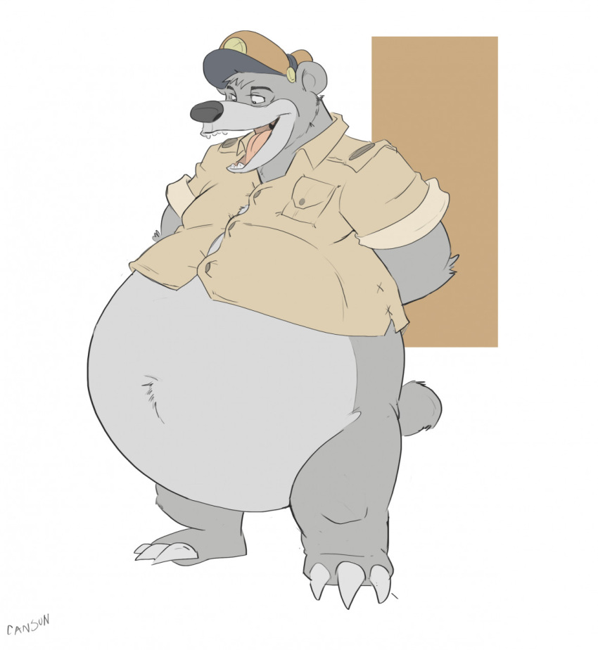 2021 anthro baloo bear belly belly_tuft big_belly bottomless bottomless_anthro bottomless_male canson chubby_anthro chubby_male claws clothed clothing disney fangs fur half-closed_eyes hands_behind_back hat headgear headwear hi_res jacket male mammal narrowed_eyes open_mouth overweight overweight_anthro overweight_male signature slightly_chubby solo standing talespin teeth the_jungle_book toe_claws tongue topwear tuft
