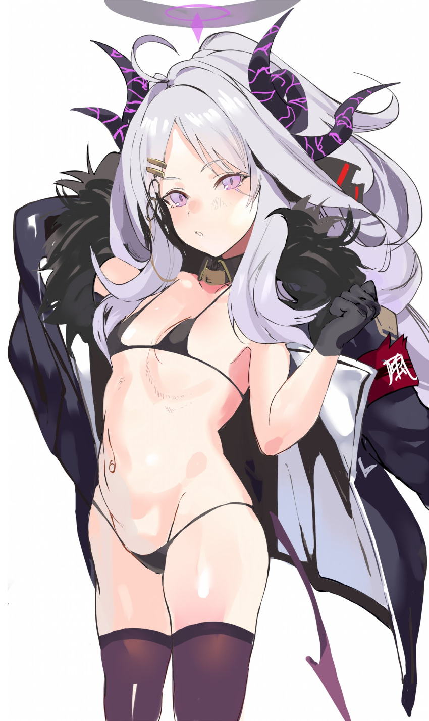 1girl absurdres bikini black_bikini black_gloves black_horns black_thighhighs blue_archive coat coat_on_shoulders cowboy_shot fur-trimmed_coat fur_trim gloves grey_hair hair_ornament hairclip halo highres hina_(blue_archive) horns long_hair looking_at_viewer magaeshi multiple_horns navel purple_eyes simple_background solo swimsuit thighhighs white_background