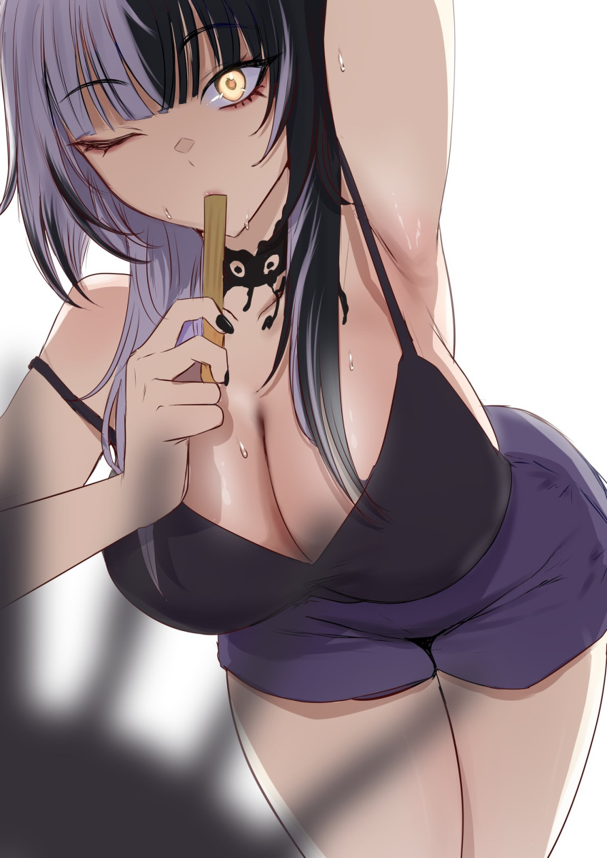 1girl black_camisole black_hair black_nails blurry blurry_foreground breasts camisole cleavage grey_hair highres hololive hololive_english large_breasts leaning_forward multicolored_hair one_eye_closed popsicle_stick redi_(rasec_asdjh) shiori_novella shorts split-color_hair sweat virtual_youtuber white_background yellow_eyes yorick_(shiori_novella)