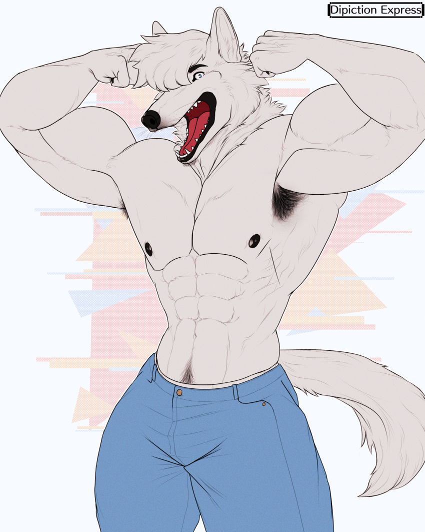 4:5 80's_theme abs anthro armpit_hair athletic athletic_anthro athletic_male black_gums black_nipples black_pawpads blue_eyes body_hair bottomwear canid canine canis clothed clothing denim denim_bottomwear denim_clothing depictionexpress facial_hair flexing_bicep flexing_both_biceps flexing_muscles fur happy_expression hi_res jeans looking_at_viewer male mammal muscular muscular_anthro muscular_male nipples pants pants_only pattern_background pawpads pubes shirtless_anthro shirtless_male simple_background smile smiling_at_viewer solo topless topless_anthro topless_male underwear white_body white_fur wolf