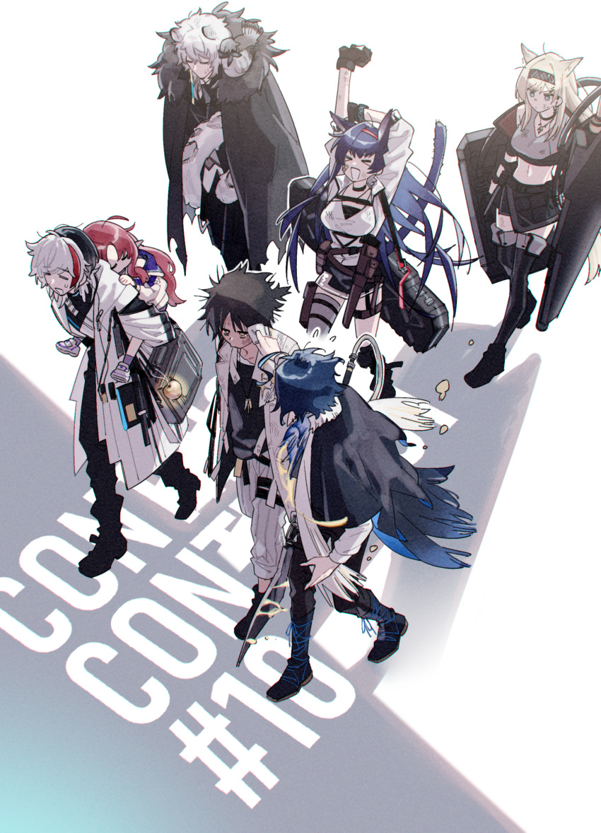 3girls 4boys animal_ears ant arknights arms_up bag bird black_hair blaze_(arknights) blonde_hair blue_hair bug cape carrying case cat_ears cat_girl cat_tail closed_eyes closed_mouth coat crop_top crow dark-skinned_male dark_skin dirty dirty_face elysium_(arknights) exhausted futaba_(futaba_uc) hairband highres horn_(arknights) long_hair lumen_(arknights) medium_hair multicolored_hair multiple_boys multiple_girls myrtle_(arknights) navel open_mouth piggyback pointy_ears red_hair satchel shield shirt short_hair silverash_(arknights) single_thighhigh skirt sleepy staff stretching sweatdrop tail thighhighs thorns_(arknights) tiger_boy tiger_ears tiger_tail walking white_hair wiping_face wolf_ears wolf_girl yellow_eyes