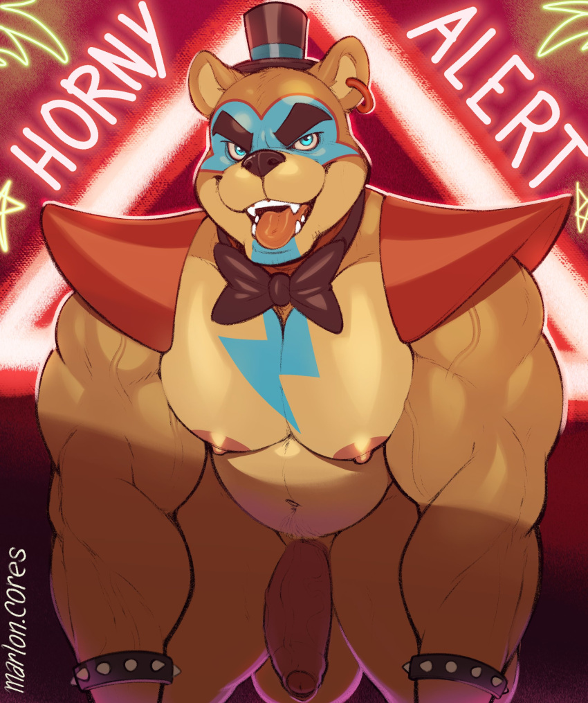 2023 absurd_res anthro balls bear big_balls big_pecs biped blue_body blue_eyes bow_tie bracelet brown_body brown_fur clothing digital_media_(artwork) ear_piercing ear_ring english_text erection five_nights_at_freddy's five_nights_at_freddy's:_security_breach fur genitals glamrock_freddy_(fnaf) hat headgear headwear hi_res humanoid_genitalia humanoid_penis jewelry looking_at_viewer male mammal marlon.cores multicolored_body multicolored_fur muscular muscular_anthro muscular_male open_mouth open_smile pecs penis piercing ring_piercing scottgames shoulder_pads smile solo spiked_bracelet spikes steel_wool_studios tan_balls tan_body tan_fur text top_hat two_tone_body two_tone_fur