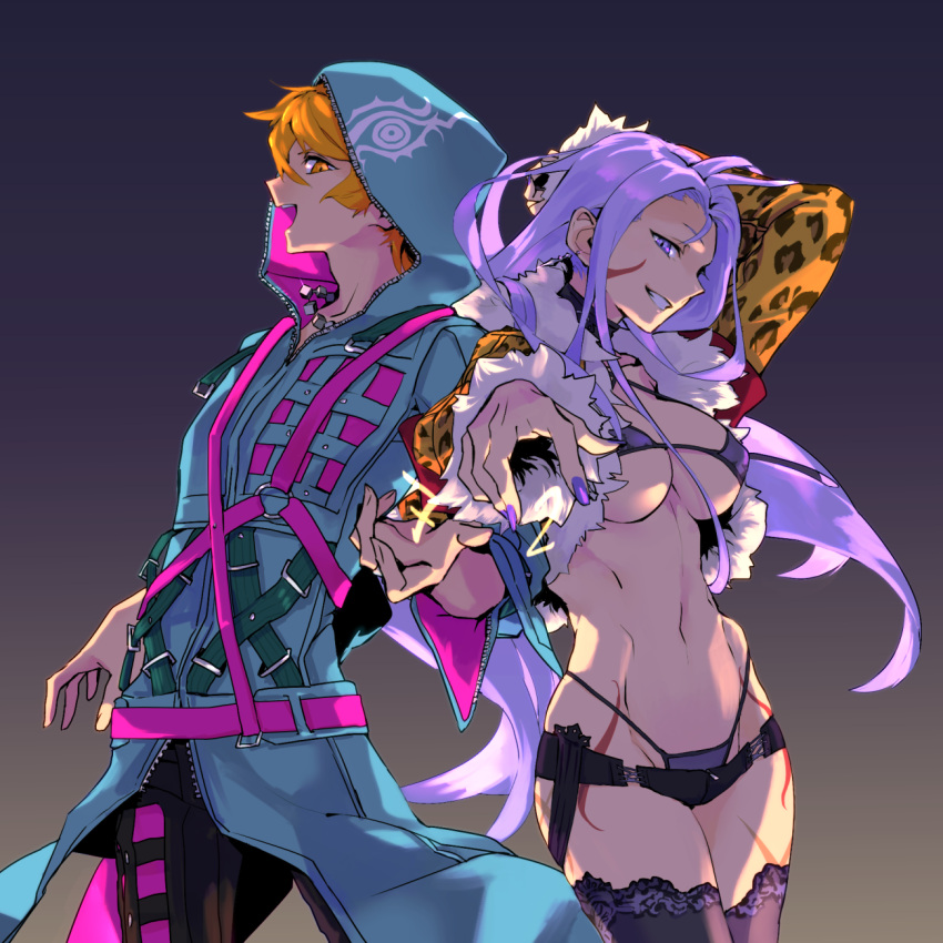 1boy 1girl 7th_dragon_(series) 7th_dragon_2020 7th_dragon_2020-ii andras_(megido72) animal_print arm_up armband belt black_shorts bra breasts choker commentary_request cosplay cowboy_shot earrings facial_tattoo fur-trimmed_jacket fur_trim gradient_background grin hair_between_eyes highres hooded_coat jacket jewelry lace-trimmed_thighhighs leopard_print light_purple_hair long_hair looking_at_viewer medium_breasts megido72 micro_panties micro_shorts multiple_belts nail_polish navel necklace open_mouth orange_eyes orange_hair ose_(megido72) outstretched_arm panties psychic_(7th_dragon) psychic_(7th_dragon)_(cosplay) purple_bra purple_eyes purple_nails purple_panties scar scar_on_leg sea_chicken_(umichicken) short_hair shorts smile tattoo underwear