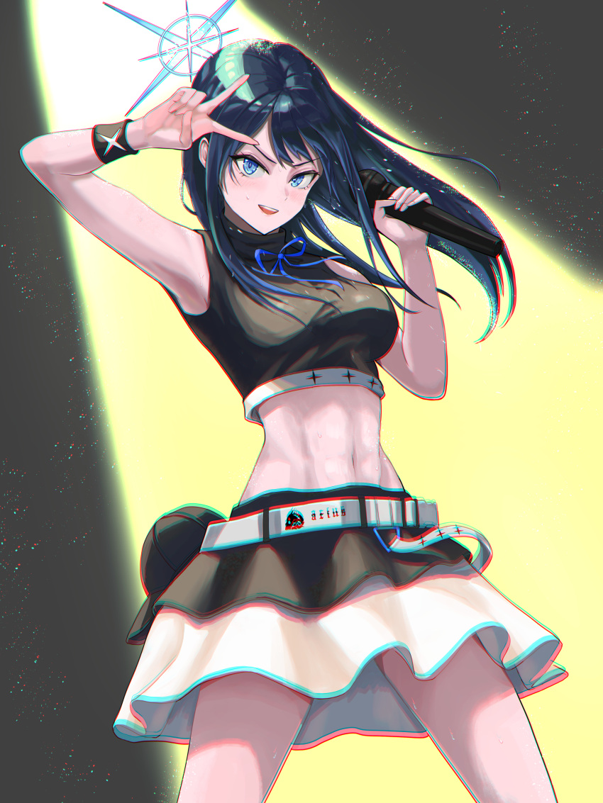 1girl :d absurdres alternate_costume arm_up armpits bare_shoulders baseball_cap belt black_hair black_headwear black_shirt black_skirt blue_archive blue_eyes blue_flower blue_rose blush breasts chromatic_aberration commentary_request cowboy_shot crop_top floating_hair flower frilled_skirt frills grey_belt halo hat hat_removed headwear_removed highres holding holding_microphone idol light_particles long_hair looking_at_viewer medium_breasts microphone midriff navel neck_ribbon open_mouth ribbon rose saori_(blue_archive) shirt sidelocks skirt sleeveless sleeveless_shirt smile solo spotlight standing teeth two-tone_skirt upper_teeth_only v_over_mouth white_skirt wristband yatsuka_mirin
