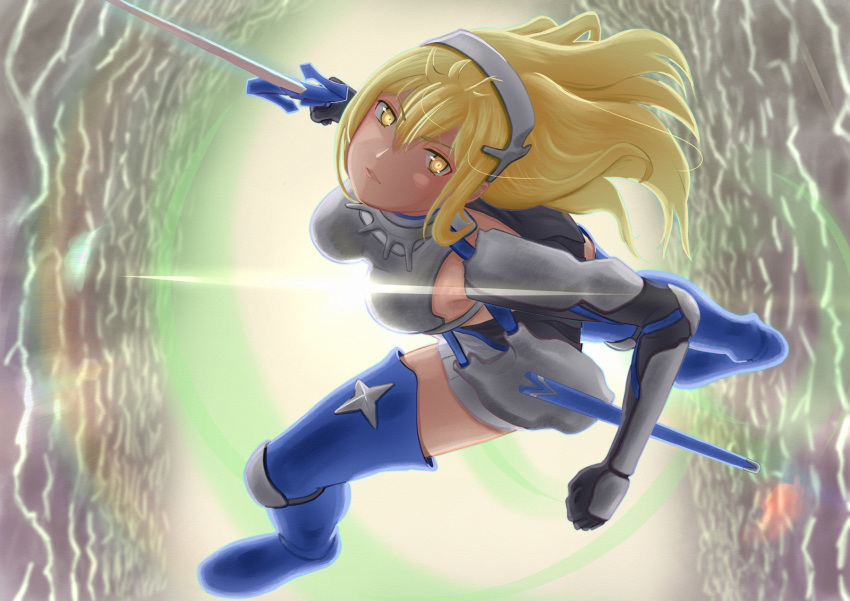 1girl aiz_wallenstein armor armored_boots bkni_11 black_gloves blonde_hair blue_footwear boots breastplate breasts commentary_request dungeon_ni_deai_wo_motomeru_no_wa_machigatteiru_darou_ka full_body gauntlets gloves hair_between_eyes hairband headband highres holding holding_sword holding_weapon knee_boots long_hair looking_at_another looking_at_viewer medium_breasts open_mouth sidelocks skirt solo sword thigh_boots thighhighs thighs weapon yellow_eyes