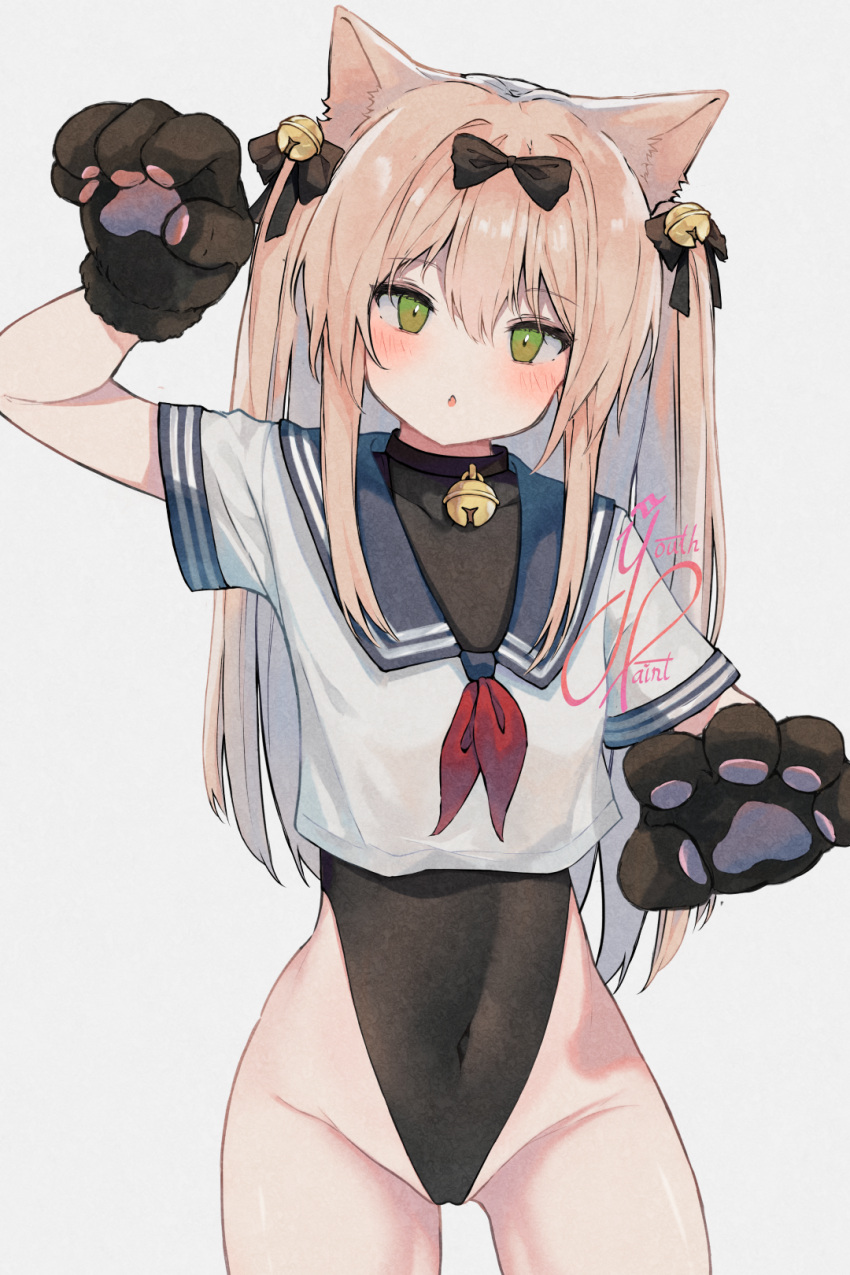 1girl :o animal_ears animal_hands arm_up bare_hips bell black_bow black_collar black_leotard blue_sailor_collar blush bow cat_ears collar commentary covered_navel cropped_legs girls'_frontline gloves green_eyes grey_background groin hair_bell hair_between_eyes hair_bow hair_intakes hair_ornament head_tilt highleg highleg_leotard highres leotard long_hair looking_at_viewer neck_bell no_pants open_mouth paw_gloves paw_pose pink_hair sailor_collar school_uniform serafuku shirt short_sleeves signature simple_background sleeveless_turtleneck_leotard solo thighs tmp_(girls'_frontline) tmp_(meow_prism_power)_(girls'_frontline) two_side_up white_shirt youthpaint