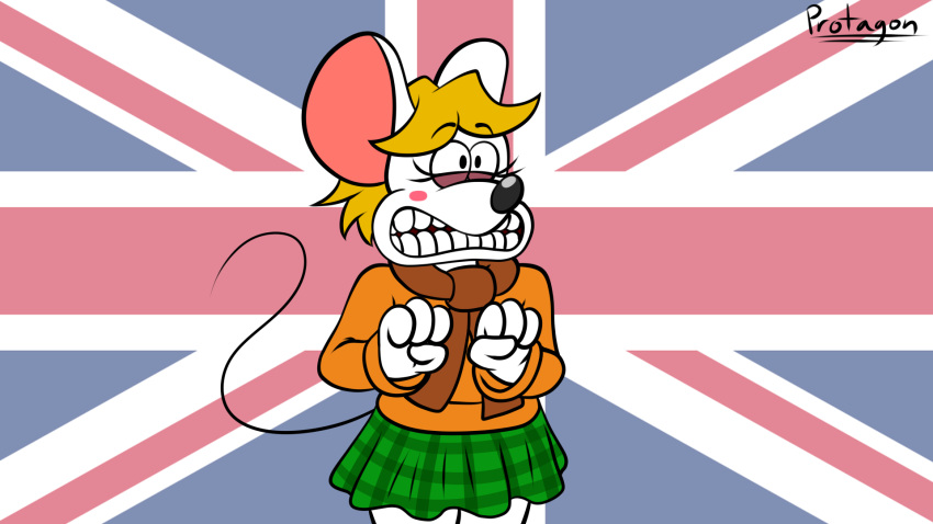 2023 aardman_animations anthro blonde_hair bottomwear capcom clothed clothing female hair hi_res humor meme moushley protagon resident_evil signature skirt solo style_parody union_jack wallace_and_gromit