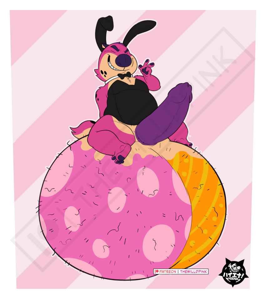 anthro balls big_balls bunny_costume clothing costume genitals hi_res huge_balls hyena hyper hyper_balls hyper_genitalia male mammal solo thewilldpink