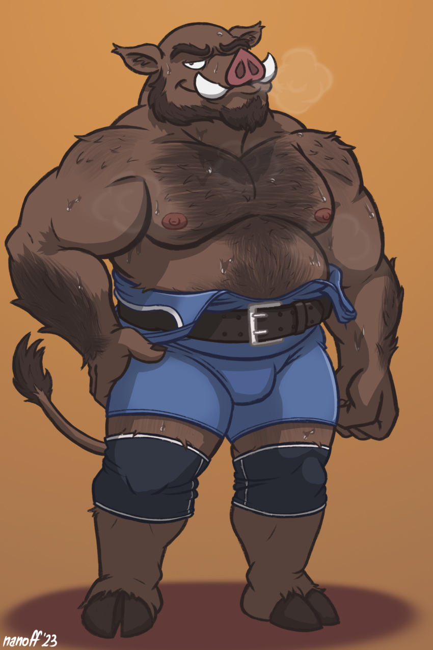 absurd_res anthro belt bodily_fluids body_hair bulge chubby_male hand_on_hip hi_res knee_wraps male mammal mature_male musclegut muscular muscular_male nanoff shirtless solo standing suarez_(nanoff) suid suina sus_(pig) sweat sweaty_chest wild_boar wrestling_singlet