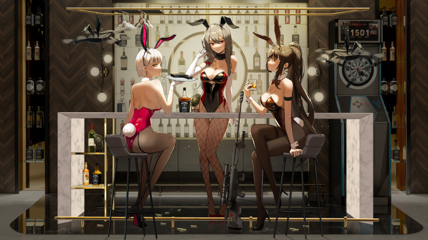 3girls absurdres alcohol animal_ears arm_strap bar_(place) bar_stool bare_shoulders black_hair blonde_hair bodiedwile bow bowtie breasts brown_eyes brown_hair cleavage crossed_legs cup dartboard detached_collar drinking_glass drone elbow_gloves explosive expressionless fake_animal_ears fishnet_pantyhose fishnets gloves grenade gun handgun high_heels highleg highleg_leotard highres holding holding_cup holding_plate indoors jack_daniel's large_breasts leotard long_hair looking_at_viewer looking_back multiple_girls original pantyhose plate playboy_bunny ponytail pouring pouring_onto_self rabbit_ears rabbit_tail red_eyes rifle shelf short_hair sidelocks sitting smile sniper_rifle stool strapless strapless_leotard tail very_long_hair weapon whiskey white_gloves wine wine_glass wrist_cuffs