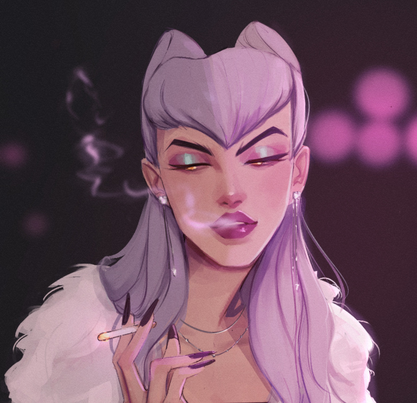 1girl asymmetrical_bangs black_nails blowing_smoke cigarette close-up coat cone_hair_bun dark_background demon demon_girl earrings evelynn_(league_of_legends) eyeshadow fingernails fur_coat hair_bun highres holding holding_cigarette jewelry k/da_(league_of_legends) league_of_legends lisamar1exo long_fingernails long_hair looking_down makeup necklace open_clothes open_coat parted_lips purple_eyeshadow purple_lips smoke_trail smoking solo tassel tassel_earrings the_baddest_evelynn white_coat white_hair