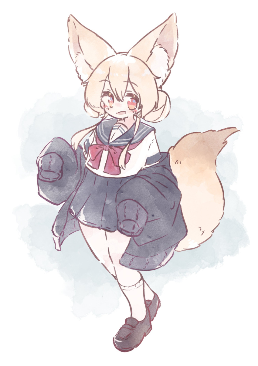 1girl absurdres animal_ear_fluff animal_ears black_cardigan black_footwear black_sailor_collar black_skirt blonde_hair bow cardigan commentary_request double_bun fox_ears fox_girl fox_tail full_body hair_between_eyes hair_bun highres loafers long_hair long_sleeves looking_at_viewer megateru off_shoulder open_cardigan open_clothes original pleated_skirt puffy_long_sleeves puffy_sleeves red_bow red_eyes sailor_collar school_uniform serafuku shirt shoes sidelocks skirt sleeves_past_fingers sleeves_past_wrists socks solo standing tail white_background white_shirt white_socks