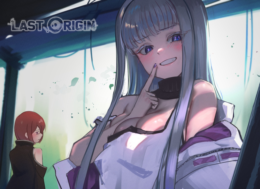 2girls blunt_bangs blush breasts cheona_(last_origin) cleavage copyright_name finger_to_mouth grey_hair grin index_finger_raised janghwa_(last_origin) last_origin logo long_hair looking_at_viewer medium_breasts multiple_girls nail_polish nyanom off_shoulder open_clothes parted_lips purple_eyes purple_nails red_eyes red_hair short_hair smile upper_body