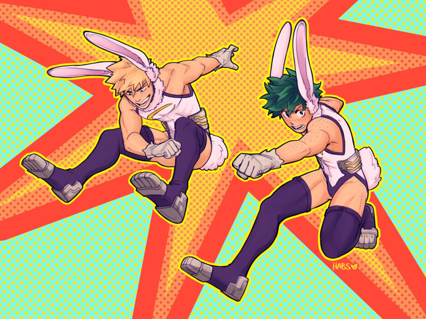 2boys animal_ears bakugou_katsuki bare_arms blonde_hair body_freckles boku_no_hero_academia clenched_hand commentary cosplay english_commentary freckles full_body gloves green_hair habkart highres jumping leotard looking_at_viewer male_focus midoriya_izuku mirko mirko_(cosplay) multiple_boys open_mouth outline rabbit_ears rabbit_tail short_hair spiked_hair starry_background tail white_gloves white_leotard yellow_outline