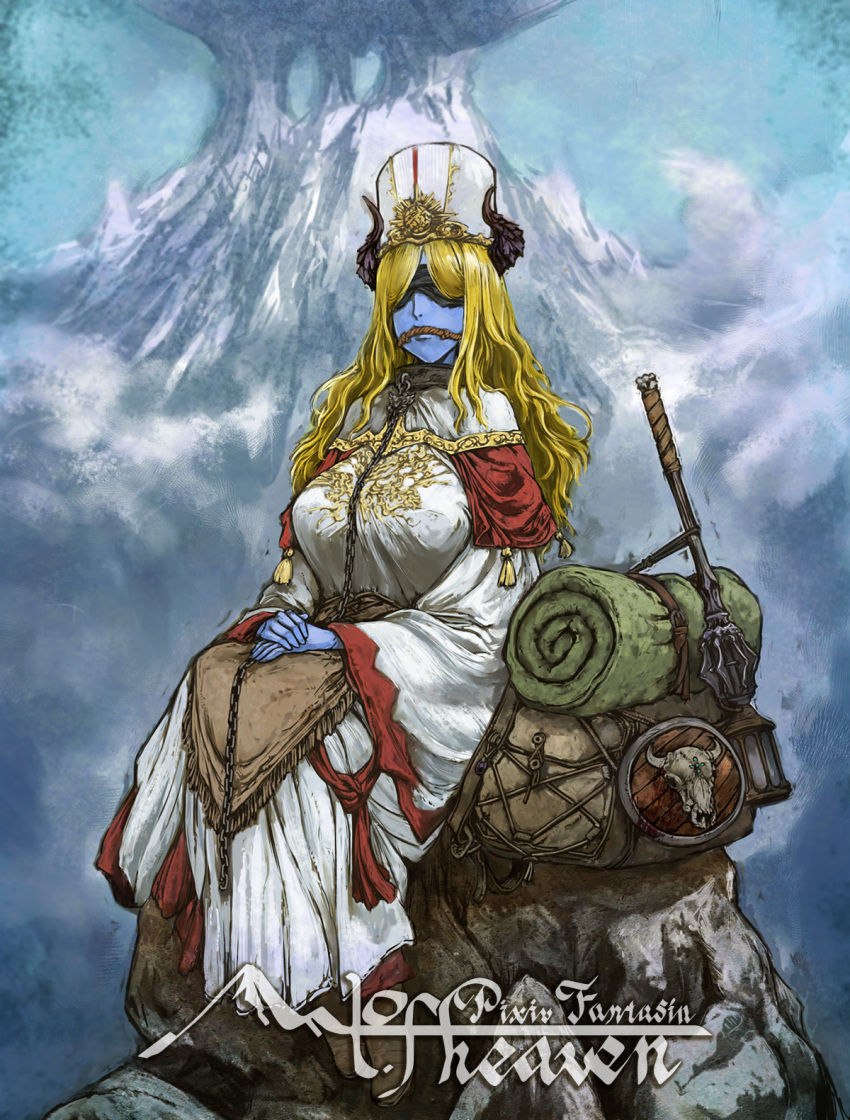 1girl backpack bag blindfold blonde_hair blue_skin buckler cervus chain collar colored_skin flanged_mace gagged highres leash long_hair long_sleeves outdoors pixiv_fantasia pixiv_fantasia_mountain_of_heaven robe rock rope_gag saint shield sitting skull solo weapon