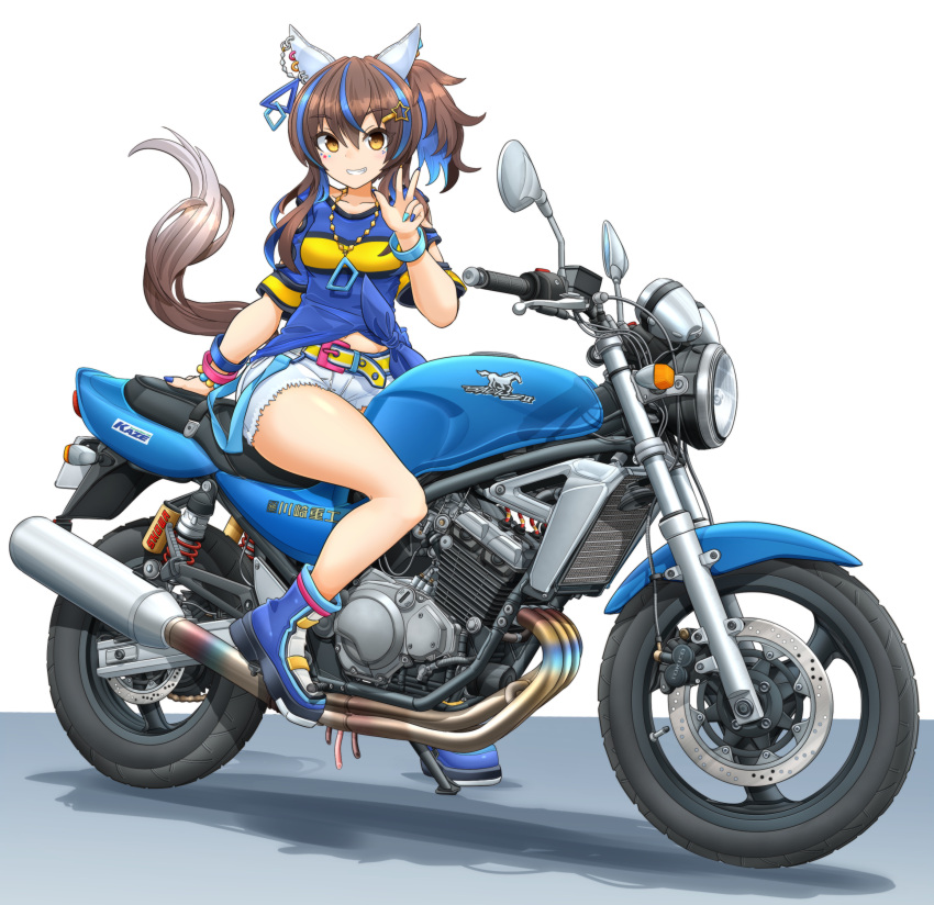 1girl absurdres animal_ears belt blue_footwear blue_hair blue_nails blue_shirt boots bracelet brown_hair commentary_request cutoffs daitaku_helios_(umamusume) denim denim_shorts ear_covers ear_piercing full_body gyaru hair_ornament hairclip highres horse_ears horse_girl horse_tail jewelry kawasaki kawasaki_balius long_hair looking_at_viewer midriff_peek mikeran_(mikelan) motor_vehicle motorcycle multicolored_hair multicolored_shirt nail_polish navel necklace on_motorcycle partial_commentary piercing ponytail shirt short_shorts short_sleeves shorts simple_background smile solo star_(symbol) star_hair_ornament streaked_hair tail tied_shirt two-tone_hair umamusume vehicle_focus w white_background white_shorts yellow_belt yellow_eyes yellow_shirt