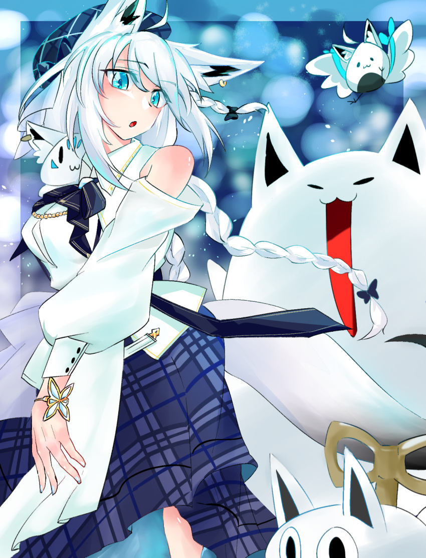 1girl ahoge animal_ear_fluff animal_ears bare_shoulders beret blue_headwear blue_journey_(hololive) blue_skirt blurry blurry_background blush braid checkered_clothes checkered_skirt commentary_request earrings fox_ears fox_girl fox_tail fubuchun fubuzilla_(shirakami_fubuki) green_eyes hair_between_eyes hat highres hololive jewelry long_hair looking_at_viewer nejima_kitsune_(shirakami_fubuki) nekoro_(spfhsms) open_mouth shirakami_fubuki shirt sidelocks single_braid skirt sukonbu_(shirakami_fubuki) tail twin_braids virtual_youtuber white_hair white_shirt