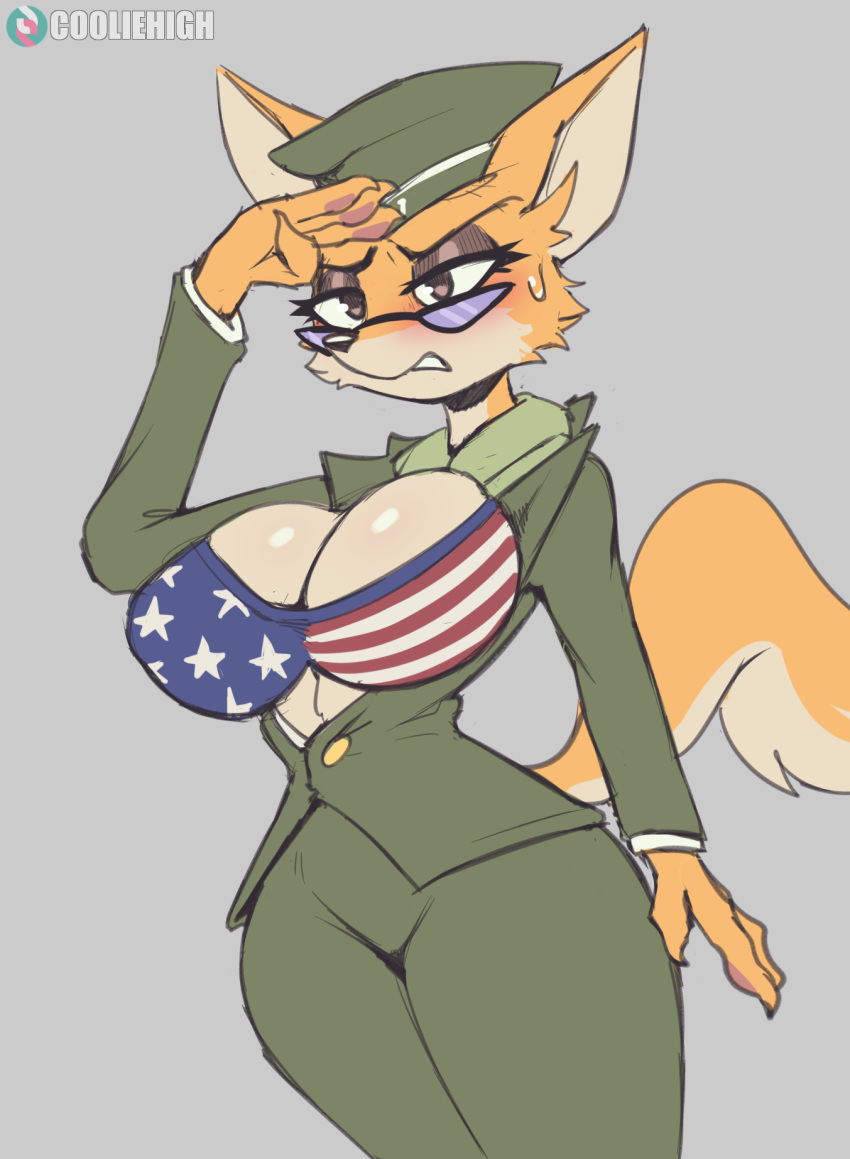 anthro biped blush bodily_fluids bra breasts canid canine cleavage clothed clothing cooliehigh female fox fur gesture grey_background hi_res lt._fox_vixen mammal military_uniform orange_body orange_fur salute sek_studio simple_background solo squirrel_and_hedgehog sweat tan_body underwear uniform