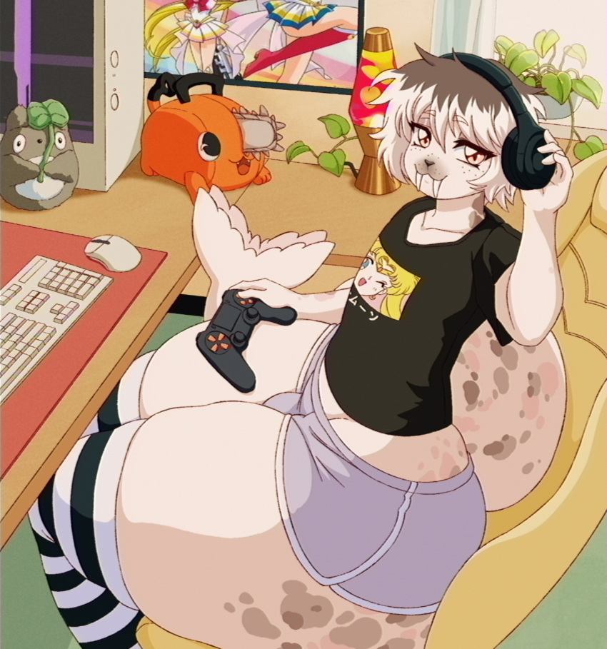 absolute_territory anthro bedroom_eyes big_bulge big_butt big_tail black_clothing black_hair black_shirt black_t-shirt black_topwear bottomwear boy_shorts bulge butt chai_(lucidinbed) chainsaw_man chair clothing collarbone computer_mouse container controller cute_fangs desk fenrir_brown freckles fur furniture game_controller gaming gaming_chair ghibli girly glistening glistening_eyes grey_bottomwear grey_clothing hair headphones hi_res holding_container holding_object hotpants huge_butt huge_thighs hyper hyper_butt hyper_hips hyper_thighs japanese_text keyboard lamp lava_lamp legwear looking_at_viewer male mammal marine markings multicolored_hair my_neighbor_totoro narrowed_eyes on_chair pattern_clothing pattern_legwear pattern_stockings pattern_thigh_highs pinniped plant plushie pochita_(chainsaw_man) poster programmer_socks red_eyes sailor_moon_(character) sailor_moon_(series) seal seductive shirt short_topwear shorts sitting sitting_on_chair small_waist solo spots spotted_body spotted_fur spotted_markings spotted_tail stockings striped_clothing striped_legwear striped_stockings striped_thigh_highs stripes t-shirt table tail tail_markings text thick_thighs thigh_highs thigh_lines topwear totoro two_tone_hair underwear white_body white_fur white_hair white_tail window