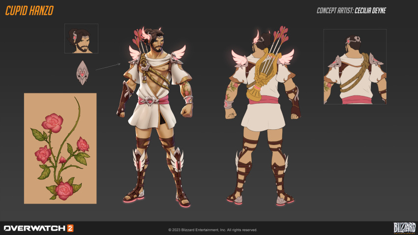 1boy 2023 arm_tattoo artist_name beard bow_(weapon) bracelet brown_hair closed_mouth concept_art cupid english_commentary english_text facial_hair flower full_body hanzo_(overwatch) heart highres jewelry logo looking_to_the_side male_focus nipples official_art overwatch overwatch_1 overwatch_2 pink_flower pink_headwear pink_rose pink_wings rose solo standing tattoo toes weapon wings