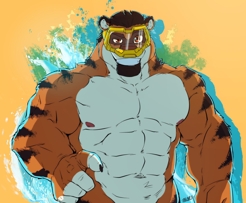 2023 abs anthro artist_name biceps black_hair black_stripes claws deltoids eyebrows eyewear facial_hair felid finger_claws fur goatee goggles hair hi_res hotaru_hirano looking_at_viewer male mammal multicolored_body multicolored_fur muscular muscular_anthro muscular_male navel nipples okamitakuya orange_body orange_fur pantherine pecs raised_eyebrow smile solo striped_body striped_fur stripes tiger two_tone_body two_tone_fur white_body white_fur