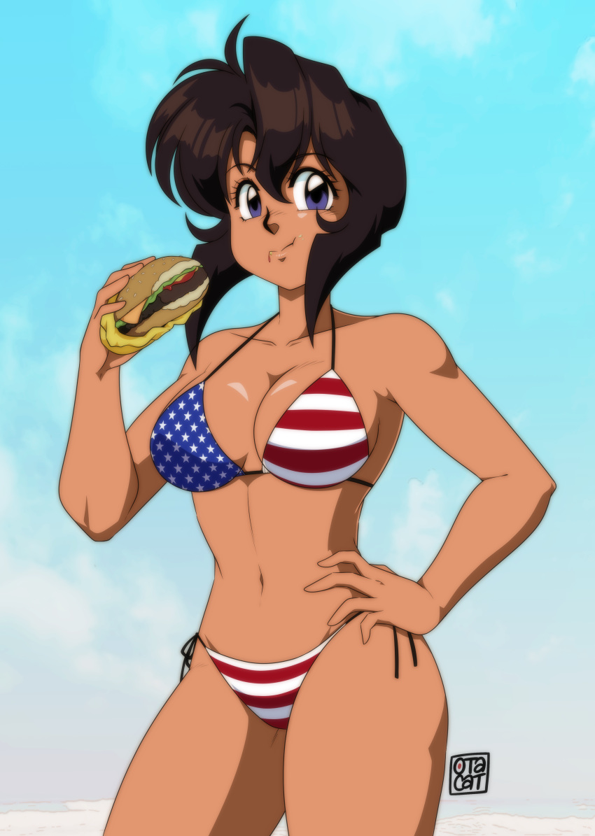 0tacat 1girl absurdres american_flag_bikini artist_name bikini blue_background blue_eyes breasts brown_hair burger commentary contrapposto cowboy_shot dark-skinned_female dark_skin day eating english_commentary flag_print food gunsmith_cats highres large_breasts navel official_style outdoors rally_vincent retro_artstyle short_hair side-tie_bikini_bottom solo swimsuit tan tomboy