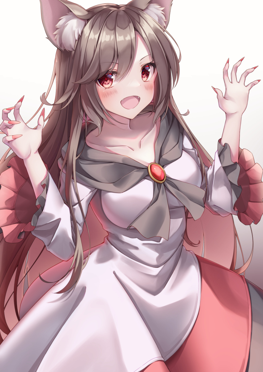 1girl absurdres animal_ears blush brown_hair claw_pose claws collarbone dress fang fingernails frilled_sleeves frills highres imaizumi_kagerou long_fingernails long_hair messiah_&amp;_crea nail_polish open_mouth red_dress red_eyes red_nails sharp_fingernails smile solo tail touhou white_dress wide_sleeves wolf_ears wolf_tail