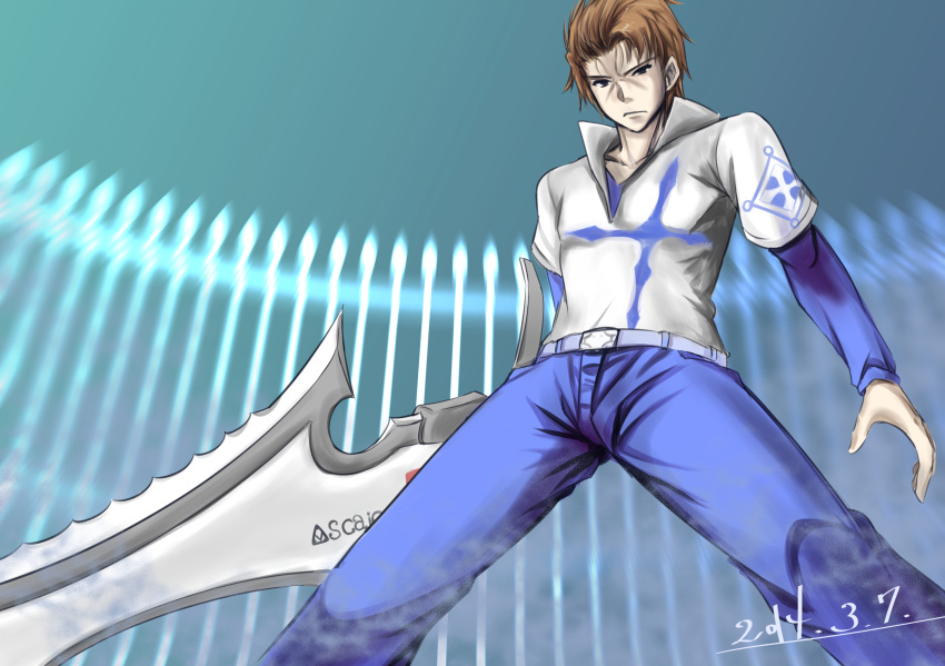 1boy acqua_of_the_back ascalon belt blue_pants blue_shirt blue_theme brown_hair closed_mouth commentary dated feet_out_of_frame from_below highres holding holding_sword holding_weapon huge_weapon legs_apart long_sleeves looking_at_viewer mu-_(tel445566) pants shirt short_sleeves solo standing sword toaru_majutsu_no_index toaru_majutsu_no_index:_old_testament weapon white_shirt