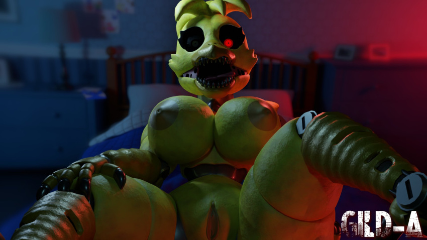 3d_(artwork) animatronic anthro avian bed breasts digital_media_(artwork) female five_nights_at_freddy's five_nights_at_freddy's_4 furniture genitals gild-a hi_res looking_at_viewer machine nightmare_chica_(fnaf) nipples pussy robot scottgames sharp_teeth solo teeth