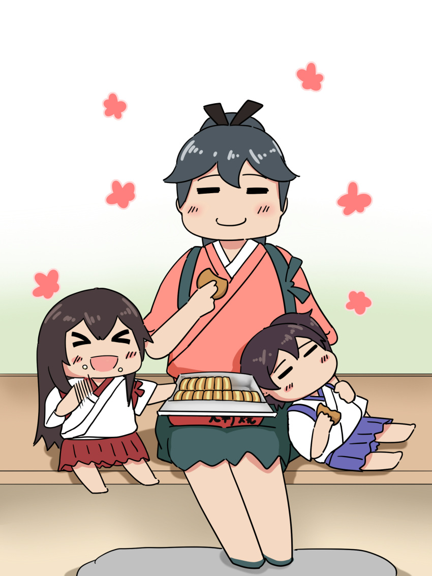 3girls absurdres aged_down akagi_(kancolle) apron black_hakama blue_hakama blush brown_hair closed_mouth commentary_request cookie eating food full_body hakama hakama_short_skirt hakama_skirt high_ponytail highres houshou_(kancolle) japanese_clothes kaga_(kancolle) kantai_collection kappougi kimono megahiyo_(style) multiple_girls open_mouth pink_kimono ponytail red_hakama short_sidetail side_ponytail skirt tasuki tetsukui