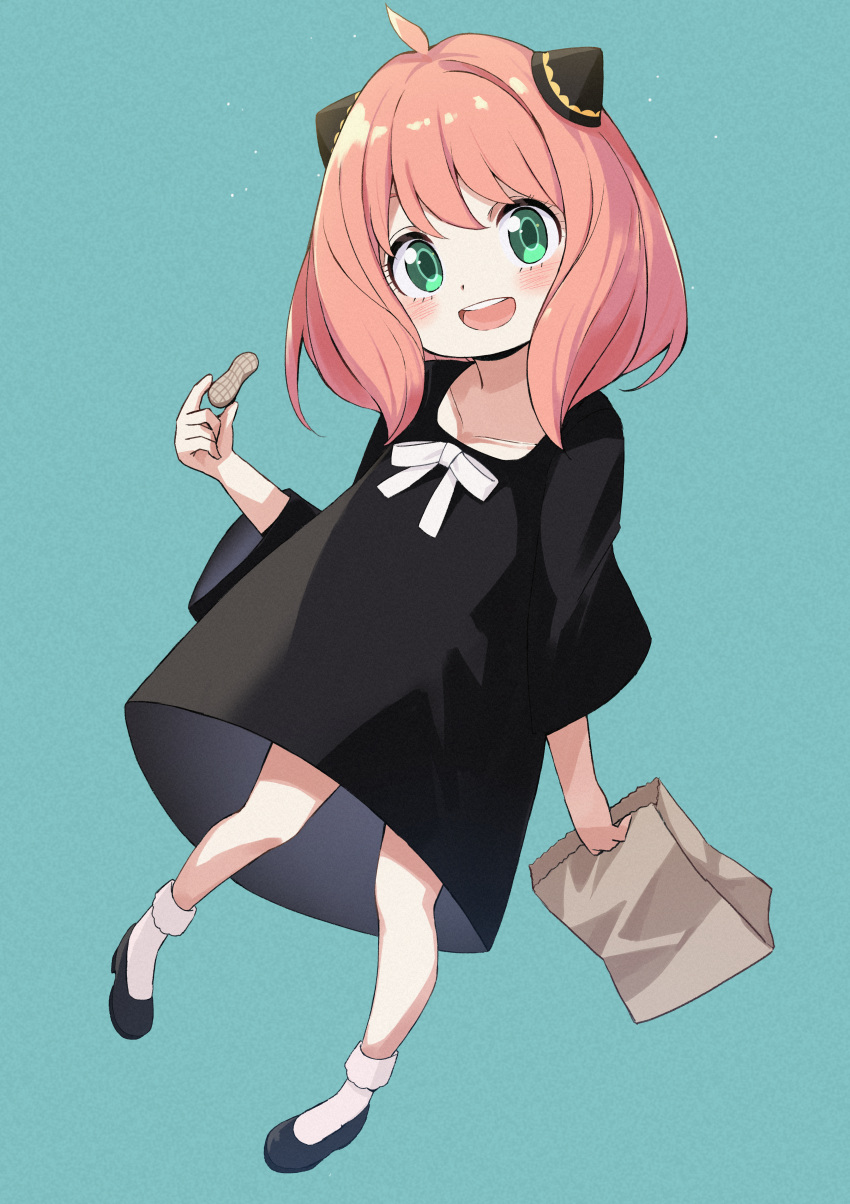 1girl :d absurdres ahoge anya_(spy_x_family) aqua_background bag black_dress blush brown_footwear child collarbone commentary dress eyebrows_hidden_by_hair eyelashes food full_body green_eyes hair_between_eyes happy head_tilt highres holding holding_bag holding_food looking_at_viewer medium_hair neck_ribbon open_mouth peanut pink_hair ribbon round_teeth simple_background smile solo spy_x_family teeth upper_teeth_only white_ribbon yanagi_marie