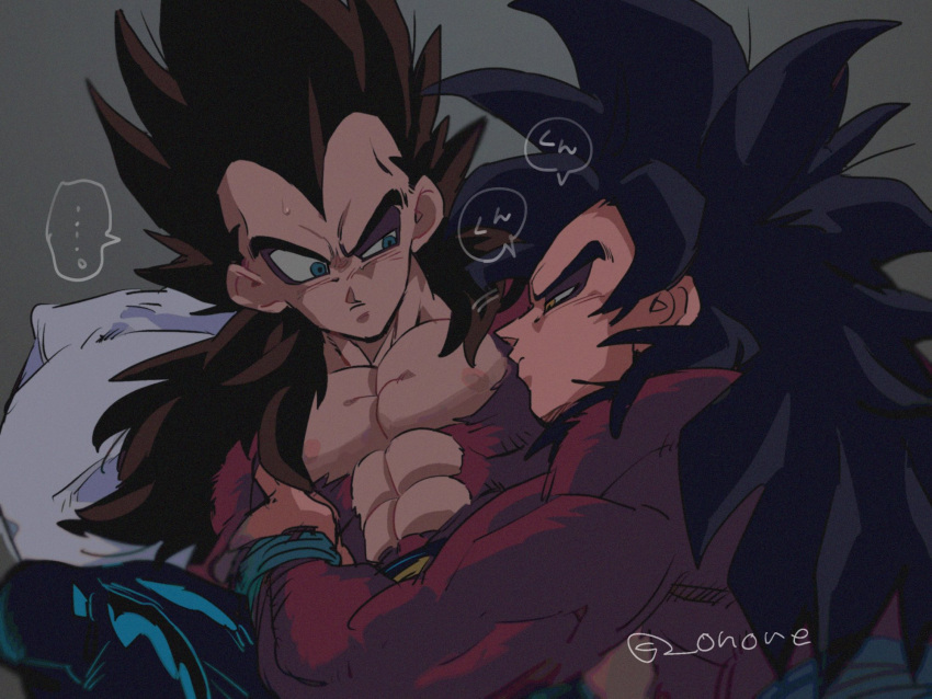 2boys abs armband bara black_hair black_pants blue_eyes blush body_fur brown_eyes closed_mouth couple dragon_ball dragon_ball_gt grey_background hairy highres large_pectorals long_hair looking_at_another lying male_focus mature_male multiple_boys muscular muscular_male nipples on_back onore pants pectorals pillow raised_eyebrows red_fur sash smelling son_goku speech_bubble spiked_hair super_saiyan super_saiyan_4 sweatdrop thick_eyebrows topless_male translated upper_body vegeta widow's_peak yaoi