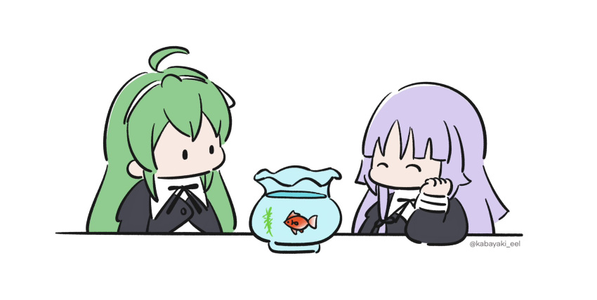 2girls ^_^ ahoge animal arm_at_side assault_lily banshouya_ena black_ribbon bow_hairband buttons chibi closed_eyes cropped_jacket elbow_on_table fish fishbowl goldfish green_hair hair_ribbon hairband hand_on_own_cheek hand_on_own_face hand_up head_rest highres juliet_sleeves kabayaki_(kabayaki_eel) long_hair long_sleeves looking_at_animal multiple_girls neck_ribbon no_mouth puffy_sleeves purple_hair ribbon school_uniform shirt sidelocks simple_background solid_oval_eyes tanaka_ichi twitter_username white_background white_hairband white_ribbon white_shirt yurigaoka_girls_academy_school_uniform