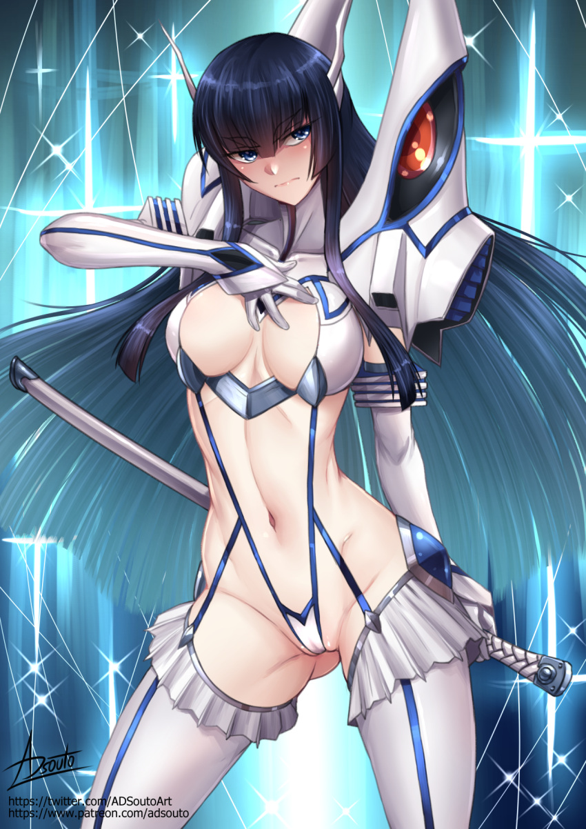 1girl adsouto black_hair blue_eyes breasts collarbone hand_on_own_chest highres holding holding_sword holding_weapon junketsu kill_la_kill kiryuuin_satsuki long_hair medium_breasts navel revealing_clothes sheath sheathed signature solo standing sword very_long_hair weapon