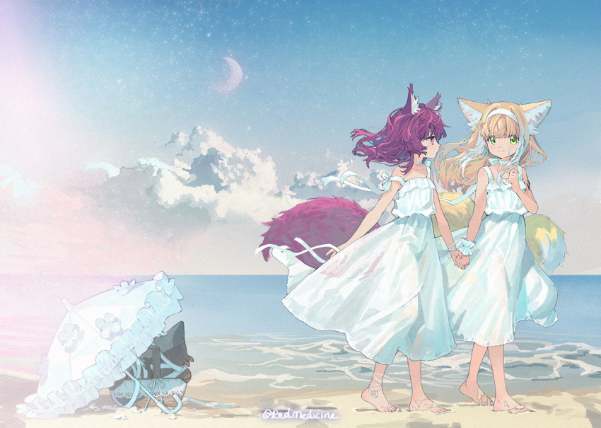 2girls alternate_costume animal_ear_fluff animal_ears ankle_ribbon arknights artist_name bare_arms bare_shoulders barefoot beach blonde_hair chinese_commentary closed_mouth collarbone commentary_request dress fox_ears fox_tail full_body green_eyes hairband holding_hands kitsune kyuubi leg_ribbon long_hair matching_outfit medium_dress medium_hair morte_(arknights) multicolored_hair multiple_girls multiple_tails nail_polish ocean oripathy_lesion_(arknights) purple_hair purple_nails red_(girllove) ribbon sand shamare_(arknights) sky smile star_(sky) starry_sky stroller sundress suzuran_(arknights) tail toenail_polish toenails two-tone_hair umbrella walking white_dress white_hair white_hairband white_ribbon white_wrist_cuffs wrist_cuffs wrist_ribbon