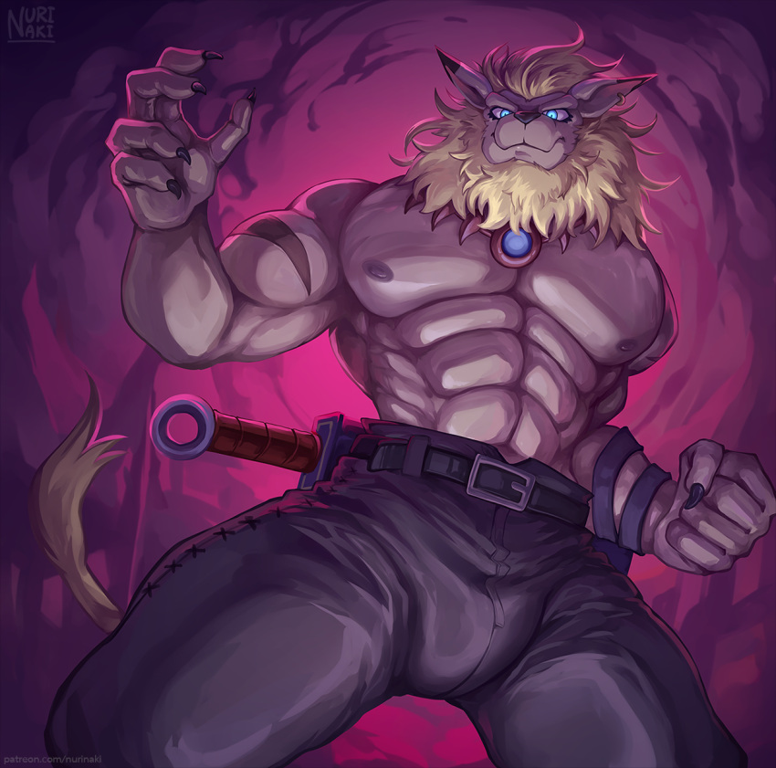 abs anthro bandai_namco blonde_hair blue_eyes clawed_fingers clothed clothing digimon digimon_(species) hair hi_res leomon male mane muscular muscular_anthro muscular_male nipples nurinaki pecs solo topless