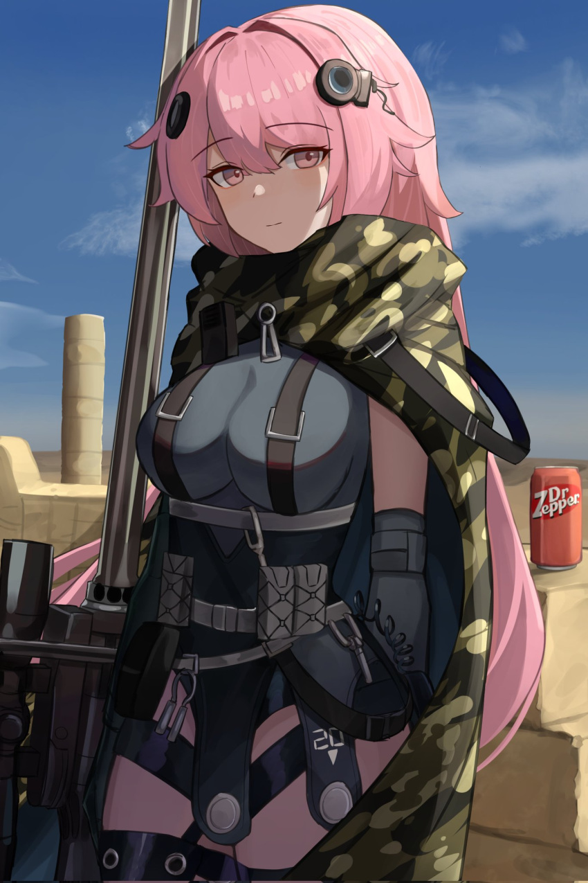 1girl anti-materiel_rifle black_thighhighs blue_sky brand_name_imitation breasts camouflage_cloak can cloak cloud commentary day dr_pepper gamryous girls'_frontline green_cloak grey_leotard gun hair_between_eyes hair_intakes highres leotard long_hair medium_breasts name_connection ntw-20 ntw-20_(girls'_frontline) object_namesake outdoors pink_eyes pink_hair rifle scope sky sniper_rifle solo thighhighs very_long_hair weapon