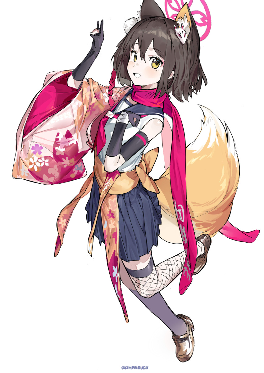 1girl absurdres animal_ear_fluff animal_ears artist_name asymmetrical_legwear black_gloves black_skirt blue_archive breasts brown_footwear brown_hair elbow_gloves fishnet_thighhighs fishnets fox_ears fox_shadow_puppet fox_tail gloves gohanduck grin hadanugi_dousa hair_ornament halo highres izuna_(blue_archive) japanese_clothes kimono loafers looking_at_viewer mismatched_legwear neckerchief partially_fingerless_gloves pink_neckerchief sailor_collar sash shirt shoes short_hair simple_background skirt sleeveless sleeveless_shirt small_breasts smile solo standing standing_on_one_leg tail thighhighs white_background white_shirt yellow_eyes yellow_kimono