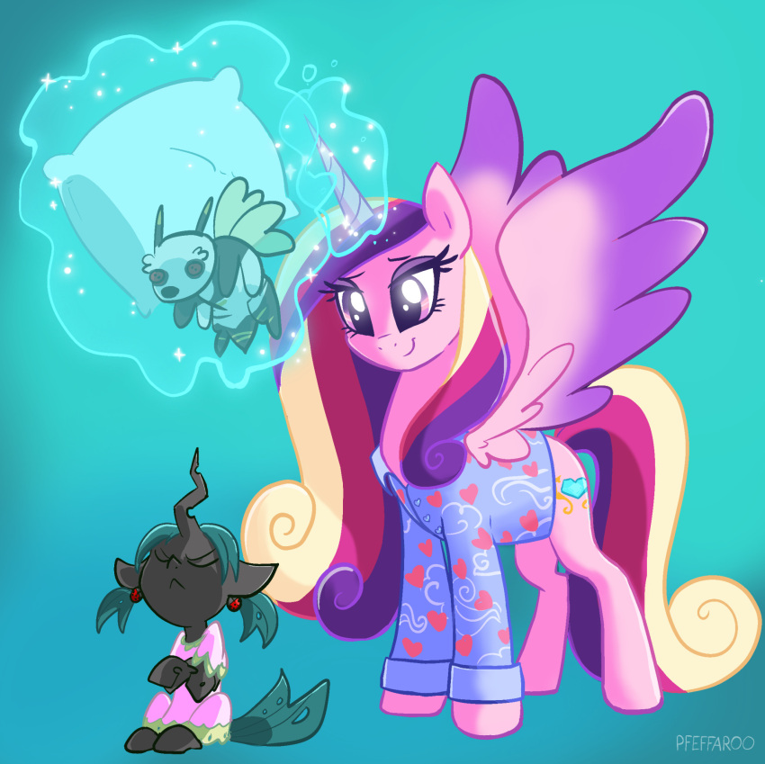 &lt;3 aged_down arthropod black_body bugbear changeling clothing equid equine eyeshadow friendship_is_magic fur grumpy hasbro hi_res horn makeup mammal my_little_pony pajama_shirt pajamas pfeffaroo pillow pink_body pink_fur plushie princess_cadance_(mlp) purple_eyes purple_eyeshadow queen_chrysalis_(mlp) winged_unicorn wings