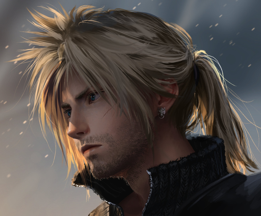 1boy absurdres aged_up beard black_shirt blonde_hair blue_eyes closed_mouth cloud cloud_strife cloudy_sky commentary earrings english_commentary facial_hair final_fantasy final_fantasy_vii final_fantasy_vii_remake high_collar high_ponytail highres jewelry looking_to_the_side male_focus portrait realistic safaiaart scar scar_on_cheek scar_on_face serious shirt sky spiked_hair stubble stud_earrings zipper