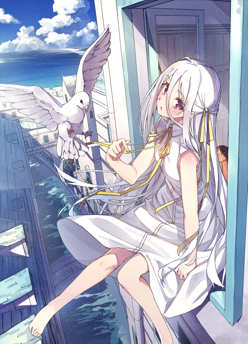 1girl arm_support bare_shoulders bird blush collared_dress dove dress hair_ribbon hand_up highres long_hair looking_at_viewer neck_ribbon original parted_lips red_eyes ribbon shiro_youduki sitting sitting_in_window sleeveless sleeveless_dress solo sundress very_long_hair white_dress white_hair yellow_ribbon