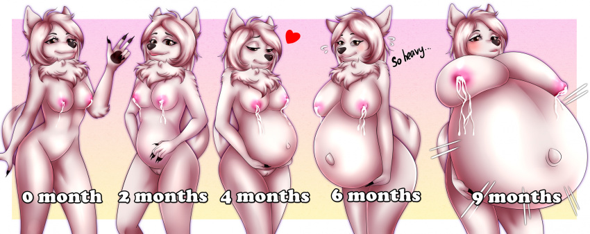 anthro belly bertyborts big_breasts bodily_fluids breasts canid canine canis domestic_dog female genitals growth_sequence hi_res hyper hyper_pregnancy lactating mammal nordic_sled_dog pregnant pregnant_female pussy samoyed solo spitz tammy_(tammyweresamoyed)