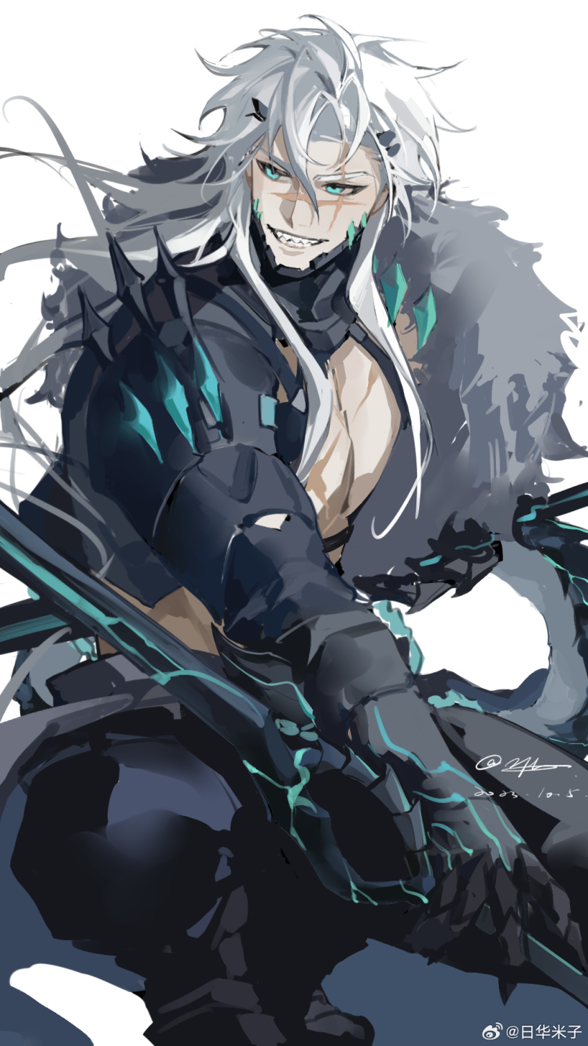 1boy alchemy_stars bara bare_pectorals barton_(alchemy_stars) blue_eyes chest_harness gloves grin harness highres holding holding_weapon large_pectorals long_hair male_focus official_alternate_costume pectorals scar scar_on_chest scar_on_face sharp_teeth smile solo squatting teeth thick_eyebrows turning_head weapon white_hair ye_zi_(user_rctc4832)