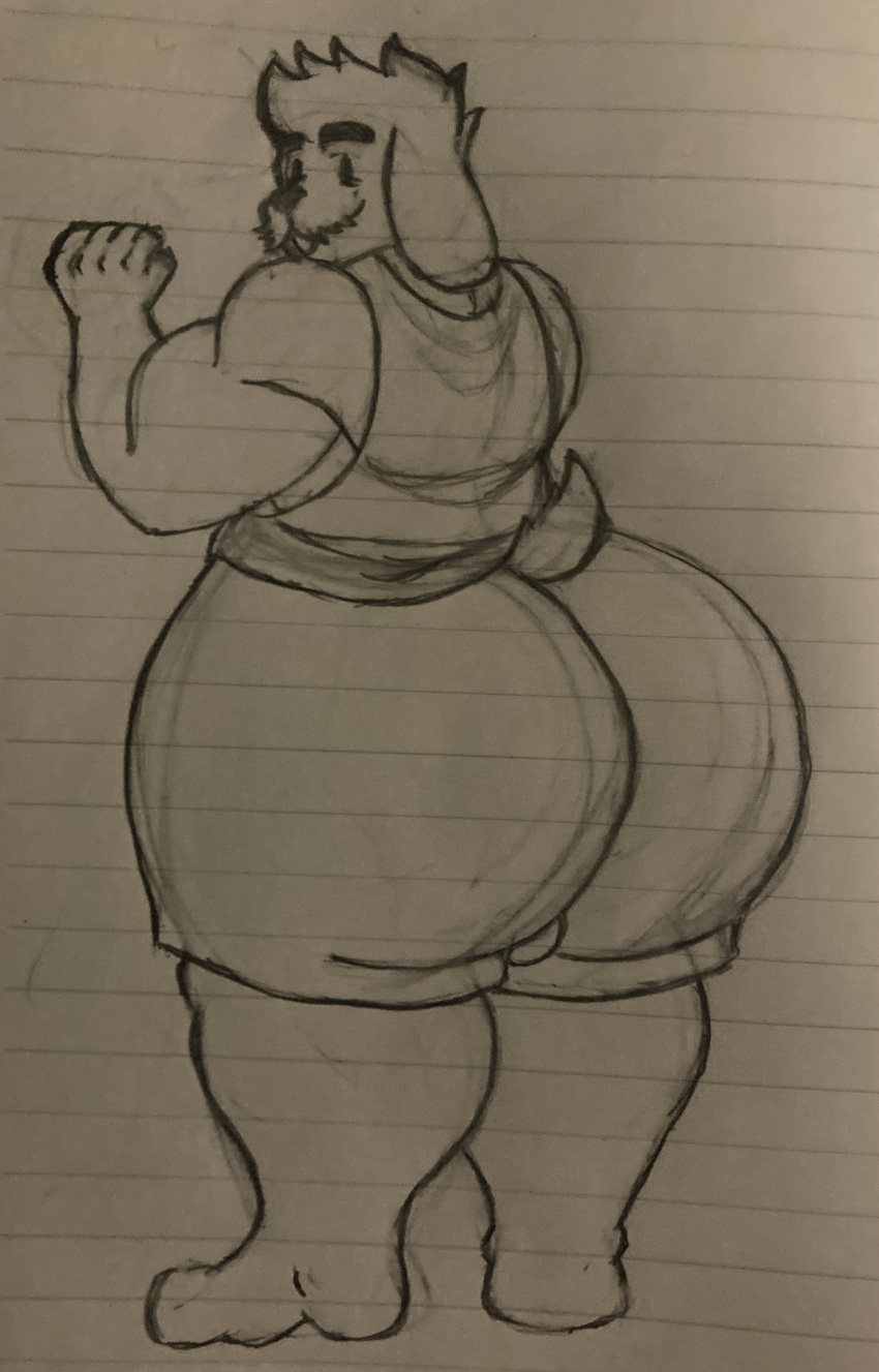 absurd_res anthro big_butt butt canid canine clothed clothing dogamy fur hi_res huge_butt looking_at_viewer looking_back male mammal muscular muscular_male sbeve_wagon smile solo undertale undertale_(series) white_body white_fur